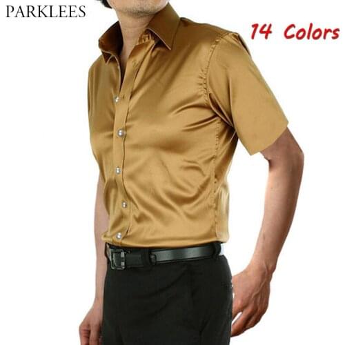 Gold Silk Satin Shirt Men Comfortable Smooth Chemise Homme Fashion Crystal Button Mens Dress Shirts Casual Men Summer Shirt Male