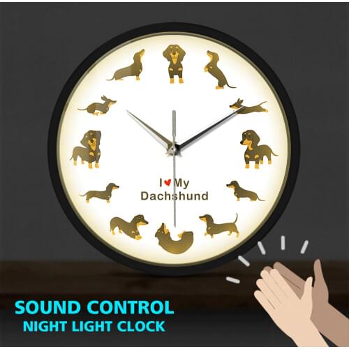 I Love Dachshund Doggie Cartoon Style Metal Frame LED Wall Clock Sound Control Dog Breed Sausage Pet Lover Gift Home Decor Watch