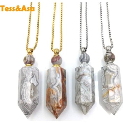 Natural Lace agate Hexagon Prism Perfume Bottle Pendant Healthy Stone Essential Oil Diffuser Gems Pointed Vial for Necklace