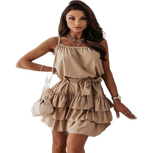 2021 Factory Price New High Quality Dress Hot Sale Summer Fashion Sexy 4-Color Sling Style Ruffle Dress