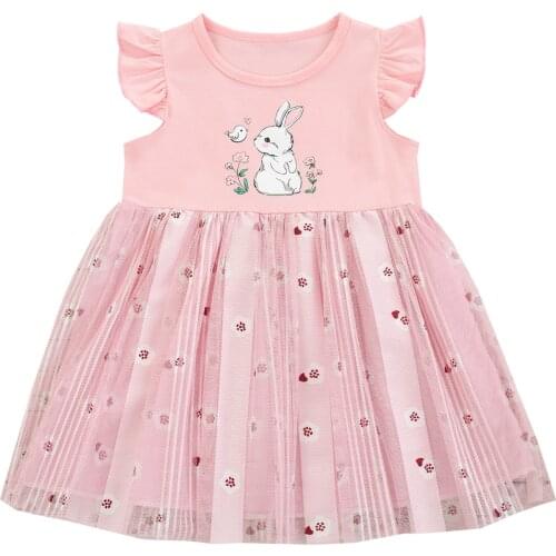 Infant Baby Girl Summer Ruffles Fly Sleeve Dress Cartoon Easter Bunny Mesh Yarn Stitching A-line Princess Dress 18M-6T