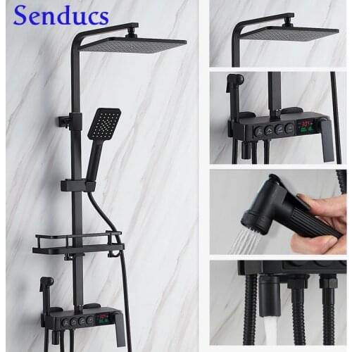 Thermostatic Shower Set Quality Brass Waterfall Bathroom Digital Shower Set Matte Black Gold bathroom faucet Four water modes