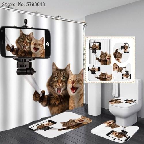 Dog Cats Shower Curtain 4 Piece Lovely Cute Animals Carpet Cover Toilet Cover Bath Mat Pad Set Funny Bathroom Curtain 12 Hooks