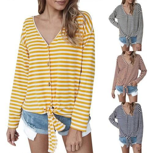 Ladies V-neck Long Sleeve Hem Knotted Striped Tee Top Women Sexy Streetwear Fashion T-shirt