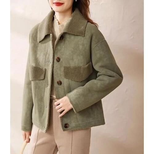 Green Imitation Lamb Wool Short Jacket Women Winter Thick Warm Turn-Down Collar Buttons Loose Coat Female Fashion Casual Outwear