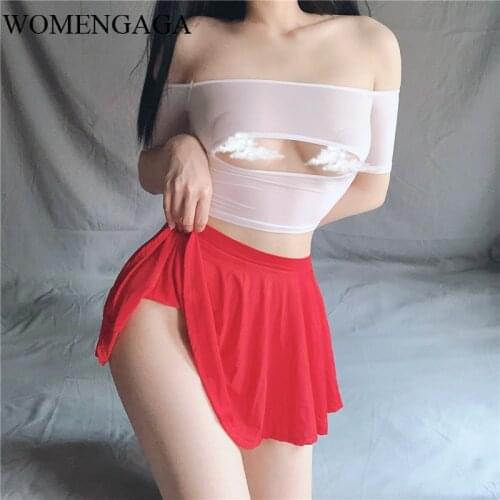 WOMENGAGA Cosplay Sexy Mesh Lace Sexy Transparent Slash Neck T Shirt Tops + Fold Mini Women Skirt Set QZA7