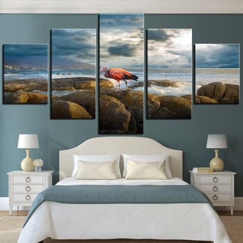 5 Pieces Sea And Stone Canvas Art Painting Crane Birds Posters Pictures For Shop Room Decor Furniture Improvement Framework