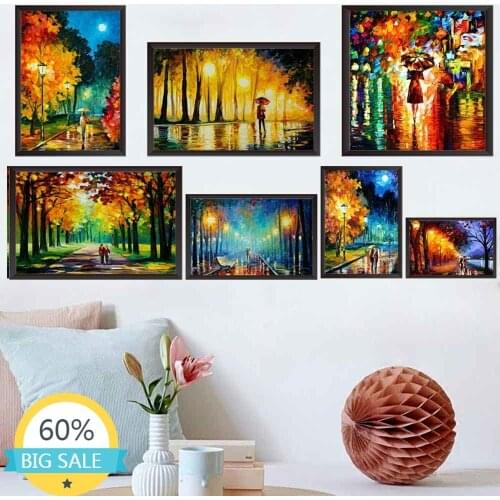 5D DIY Round Drill Diamond Painting Cross Stitch KitsLandscape Rain Light Street Diamond Embroidery Diamond Mosaic Decor Gift