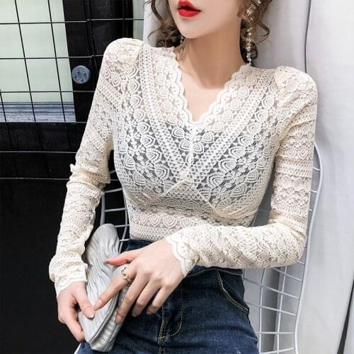 2020 New V-neck Lace Blouses Tees Female Full Sleeve Stretchy Hollow Out Elegant Thin Blouse Shirt Tops For Women