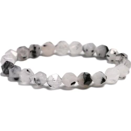 Gem Stone Faced Black Tourmalinated Quartz Healing Bracelets Women Men Mala Beads Protection Emotional