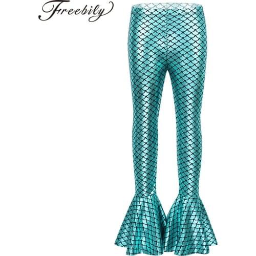 Kids Girls mermaid tail costume Shiny Girls Mermaid Tail Leggings Bell Bottoms Flare Pants for Halloween Party Costume Dress Up