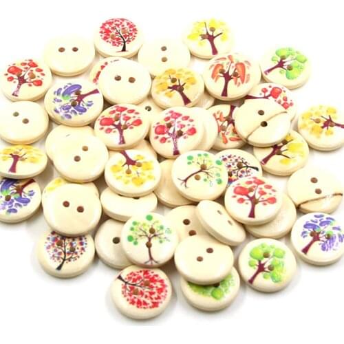 50Pcs Round Buttons 2-holes Wooden Buttons For Clothes Printing Tree Decorative Button DIY Crafts Scrapbooking Sew Accessories