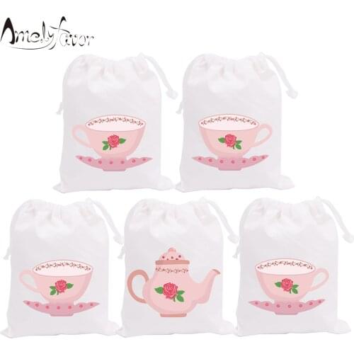 Tea Set Theme Party Bags Candy Bag Gift Bags Tea Time Teapot Cups Decorations Grand Event Birthday Party Container Supplies 5PCS
