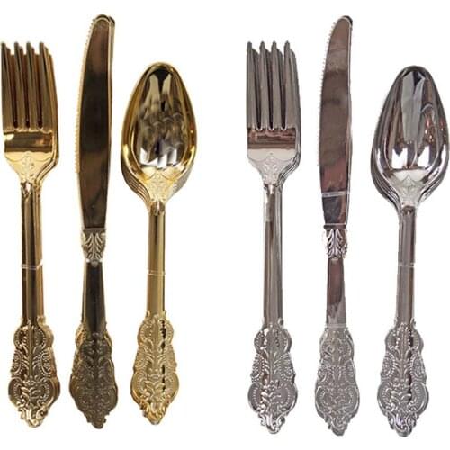 12PCS Disposable Imitation Metal Plastic Gold Silver Carved Embossed Disposable Cutlery Western Wedding Party Tableware Set