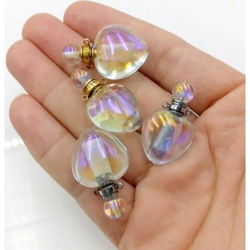 Natural Titanium AB White Quartz Perfume Bottle Pendant Faceted Point Necklace Heart shape Crystal Essential Oil Vial for women