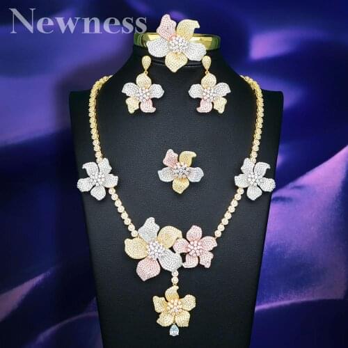 Newness Angel Luxury Rose Flower Necklace Earrings Bracelet Ring Full Set Dubai Jewelry Set For Women Wedding Party Accessories