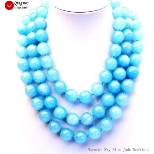 Qingmos Natural Sky Blue Jades Necklace for Women with 18mm Round Jades Necklace Stone Jewelry Chokers 3 Strands 18-23" nec6597