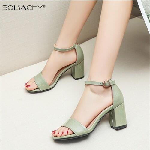 Summer Peep Toe ankle strap Sandals Women Thick High Heels Shoes Buckle Party Sandals Lady Green White Purple Pink Size 33-43