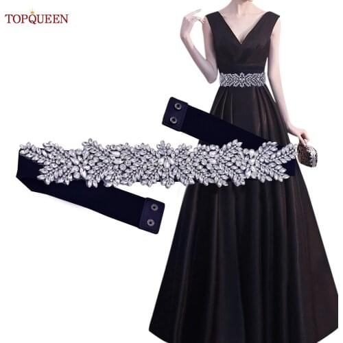 TOPQUEEN S420 Silver Dress Belts for Women Bridal Belts with Rhinestones Fashion Lady Stretch Elastic Wide Belt Handmade Sash