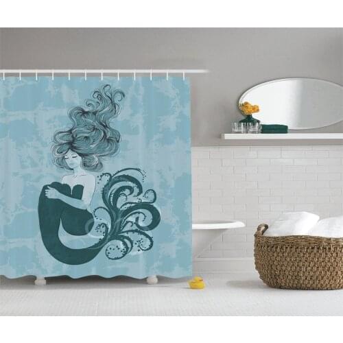 Mermaid Decor Shower Curtain Sleeping Mermaid Design with Hand Drawn Effect Bath Curtain With Hooks For Bathroom