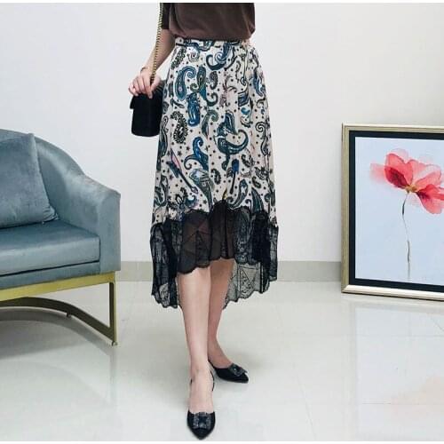 Women Skirt Vintage Print Splicing Lace Elastic Waist Midi Skirt
