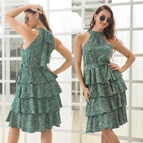 Women Dresses Summer 2021 Fashion Floral Print Lace Cascading Ruffled Halterneck Cake Vestidos Girls Sexy Boho Belt Beach Dress