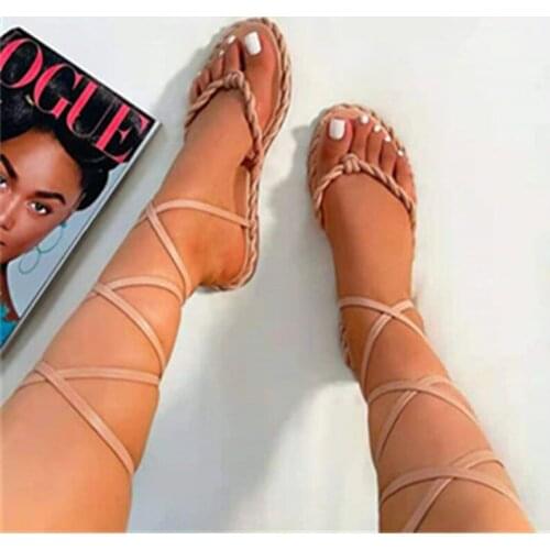 Woman Summer Gladiator Thong Sandals 2021 Women Weave Ankle Strap Flats Ladies Casual Beach Shoes Female Footwear Plus Size
