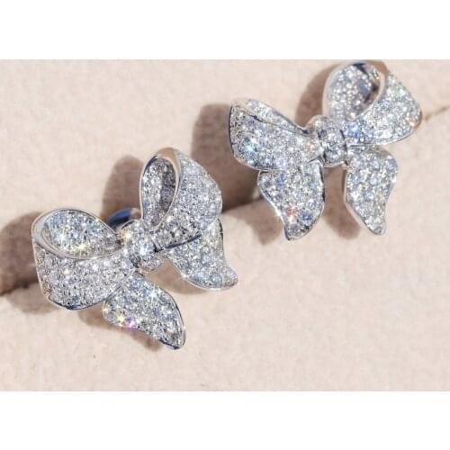 Simple Silver Color Big Dazzling Bowknot CZ Zircon Crystal Stud Earrings for Women S Needle Wedding Jewelry