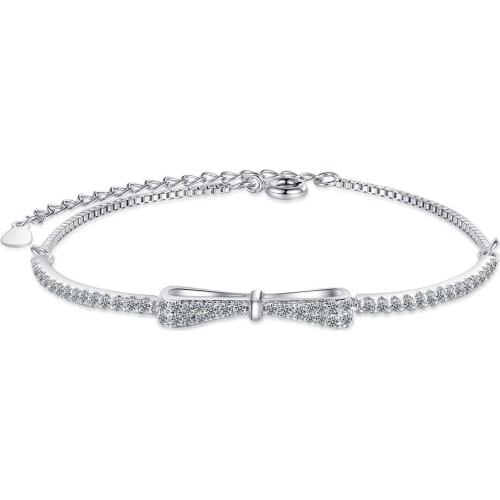 Real 925 Sterling Silver Sweet Zircon Bowknot Bracelet for Women Ladies French Elegant Shiny Jewelry Gifts Adjustable Size SB133