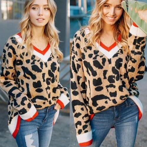 Autumn Winter Sweater Women Casual V-Neck Leopard Long Sleeve Pullovers Ugly Christmas Sweater Fashion Cashmere Sweater Women