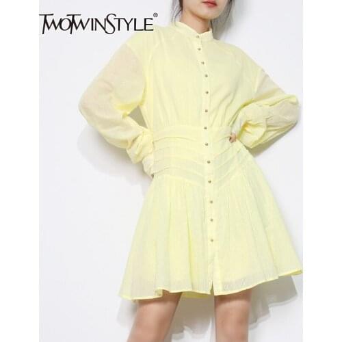 TWOTWINSTYLE Solid Patchwork Pleated Dress For Women Stand Collar Long Sleeve High Waist Minimalist Dresses Female Fashion New