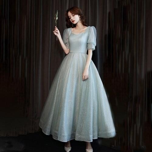 Simple Evening Dress Sequins A-Line Ruched Floor-Length Square Collar Elegant Short Sleeves New Woman Formal Party Gowns A850