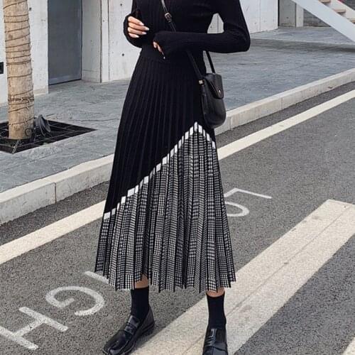 2020 Winter Womens Fashion Houndstooth Midi Skirt Female High Waist Knitted Thick Warm Black Pleated Skirts