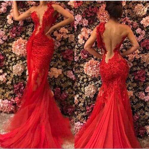 2020 Red Sheer See Through Backless Mermaid Prom Dresses Plus Size Lace Tulle One Shoulder Evening Gowns Sexy robe de soiree abe