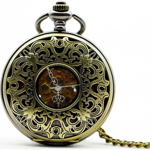 5pcs/lot Bronze Skeleton Hollow Men Women Mechanical Pocket Watch Watches Hand Winding PJX1081