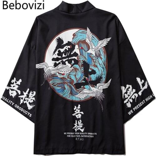 Bebovizi Japanese Kimonos Shirts Streerwear Crane Yukata Women Haori Harajuku Robe Cardigan Chinese Style Men Asian Clothes