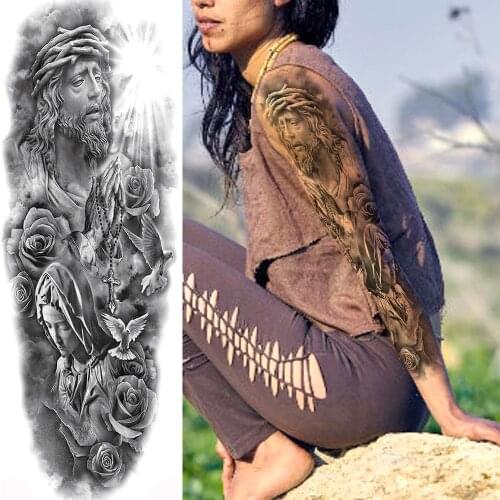 Jesus Nun Temporary Tattoos For Men Women Adult Body Art Full Arm Sleeve Bird Tatoo Waterproof Fake Tattoo Stickers Cover