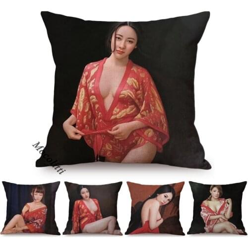 Japan Woman Portrait Art Sofa Pillow Case Japanese Oil Painting Beauty Asian Girl Home Decor Cotton Linen Square Cushions Cover