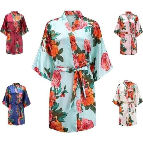 Womens Peony Satin Robe Short Floral Bridesmaids Robes Kimono Dressing Gowns Lounge Robe Sleepwear