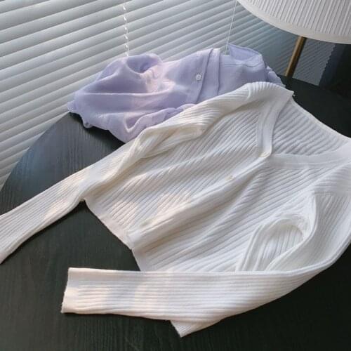 Spring and autumn new thin striped solid color cardigan fashion casual ladies V-neck knitted cardigan jacket women