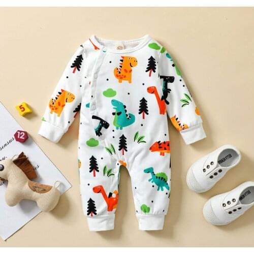 FOCUSNORM Autumn Newborn Baby Boys Girls Rompers Cartoon Dinosaur Printed Long Sleeve Single Breasted Jumpsuits 0-24M
