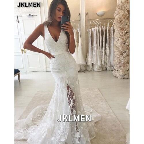 Flowers Lace V-neck Lace-up Back Split Mermaid Wedding Dress Sleeveless Beach Bridal Gown