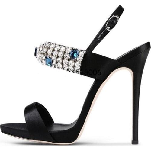 Summer Sexy Ladies Super High Heels Shoes Woman Elegant Crystal Wedding Party Sandals Genuine Leather Black Buckle Pumps