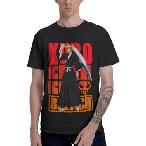 Bleach T Shirt Mens 100% Cotton Print T-shirts Graphic Tshirt Short Sleeve Japanese Anime Manga Ichigo Kurosaki Tee Tops