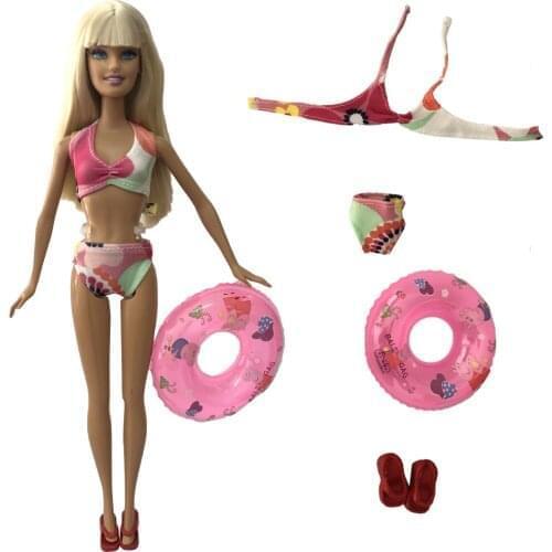 NK 3 Items = 1x Swimwear Bikini Swimsuit + 1x Swimming Buoy Lifebelt Ring+Shoes Accessories for Barbie Doll 70B 5X