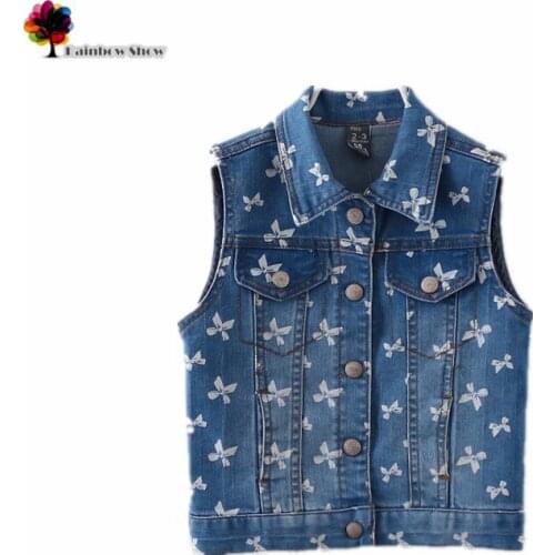 New Children Clothing Spring Fall Girls Denim Bow-printed Vest Turn-down Collar Children Waistcoat