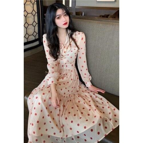 2020 Autumn Woman Dress One Piece Long Dress Lady Vintage Red Polka Dot Casual Shirt Long Sleeve V Neck Korean Style Vestidos