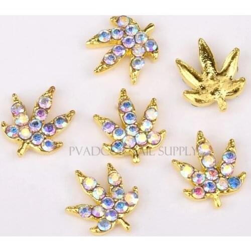 Weed Nails Charms 3D Alloy Gold Silver Weeds Leaf Nail Art Rhinestones AB Gems Press On Tips Glitter Crystal Diamond Decoration
