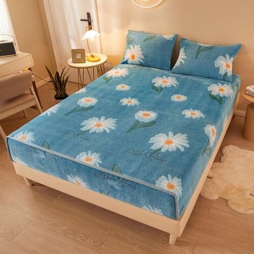 Fashion Flower Plant Print Plush Fitted Sheet Winter Warm Soft Snowflake Velvet Elastic Bed Sheet Cartoon Mattress Protector