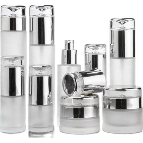 Empty 20~120ML Perfume Mist Spray Bottle Frosted Glass Emulsion Lotion Pump Bottle Silver Water Cap 30/50G Cosmetic Cream Jar